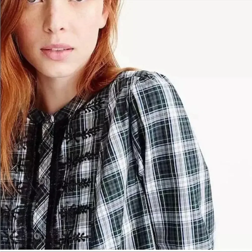 J. Crew Beaded Embellished Forest Green Tartan Plaid Shirt M